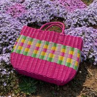 野餐小篮子ins用品塑料仿藤手提篮编织买菜篮春游田园收纳筐|粉色花色野餐篮-中号