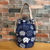 日式抽绳饭盒袋圆形束口手提袋学生便当包焖烧壶水杯袋圆手拎包袋|蓝色猫字大号直径14CM高24CM