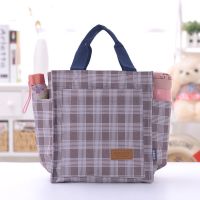 防水饭盒袋便当手提包大号学生上班族装饭盒便当袋妈咪外出手拎包|加厚防水多口袋卡其布格子(摁扣设计)