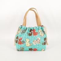 抽绳束口饭盒袋卡通手提袋加厚耐磨帆布手拎袋装饭包便捷收纳包袋|绿色碎花小猫