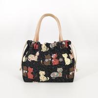 抽绳束口饭盒袋卡通手提袋加厚耐磨帆布手拎袋装饭包便捷收纳包袋|黑色碎花小猫