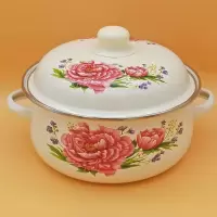 居家珐琅搪瓷炖锅宝宝辅食锅泡面锅汤锅双耳带盖锅燃气电磁炉通用|16cm月季牡丹搪瓷锅