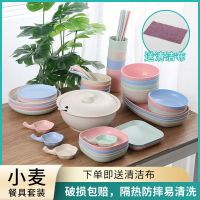 小麦秸秆家用碗筷碟组合吃饭碗隔热防摔北欧风盘子碟塑料餐具套装