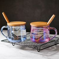 炫彩情侣玻璃日式马克杯早餐杯带盖勺大容量家用燕麦杯酸奶咖啡杯