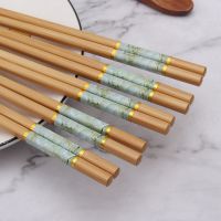 楠竹筷子 家用5-10双成人竹木公筷防霉防滑 家庭分筷|青花瓷翡翠绿印花竹筷24cm长 家用简装20双
