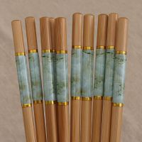 楠竹筷子 家用5-10双成人竹木公筷防霉防滑 家庭分筷|青花瓷翡翠绿+0.1厘米图案保护层 家用简装5双