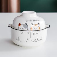 单个大号陶瓷碗泡面碗带盖双用方便面碗日式宿舍学生便携碗筷勺装|W款Cat萌猫2只 [多用]双耳面碗+碗盖