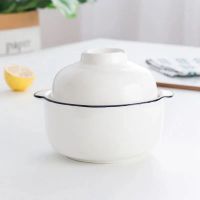 单个大号陶瓷碗泡面碗带盖双用方便面碗日式宿舍学生便携碗筷勺装|V款黑边白瓷 [多用]双耳面碗+碗盖+筷子汤勺