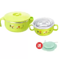 儿童不锈钢碗餐具小孩学吃饭防摔注水碗婴幼儿保温碗勺叉筷子套|绿色-注水碗+双柄碗【送吸盘】 套餐6【加勺子+叉子+筷子】