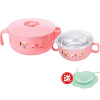 儿童不锈钢碗餐具小孩学吃饭防摔注水碗婴幼儿保温碗勺叉筷子套|粉色-注水碗+双柄碗[送吸盘] 套餐4[加勺子+叉子]