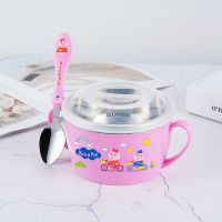 儿童碗防摔婴儿吃饭碗宝宝餐具婴儿辅食碗卡通不锈钢带盖子防烫碗|稳固款心形双耳 粉色带盖+不锈钢(叉子+勺子)
