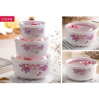 陶瓷保鲜碗三件套带盖便当盒微波炉饭盒冰箱收纳盒大号泡面碗套装|百花齐放 6英寸大号3个