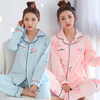 睡衣女长袖韩版春秋季女士肥加大码开衫纽扣妈妈月子家居服套装夏