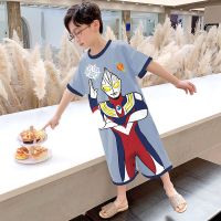 棉儿童连体睡衣夏季薄款男童夏天中大童男孩连身空调服防踢短袖