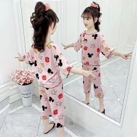 2021年新款春夏季女童睡衣套装薄款中大童五分袖家居服可爱萌