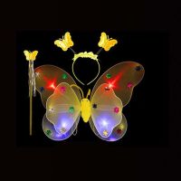 儿童礼物发光单层双层蝴蝶翅膀三件套天使翅膀表演道具魔法棒背饰|三件套黄色(发光)