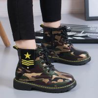 男童马丁靴女孩单靴秋冬新款学生短靴迷彩加绒雪地棉鞋