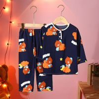 儿童睡衣夏季薄款长袖套装男孩女棉绸宝宝空调服绵绸中大童家居服