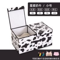 收纳箱布艺整理箱双盖储物箱子大号可折叠内衣袜玩具书|覆膜奶牛[加厚防水防潮-无纺布] 双格可折叠小号[36*25*16]