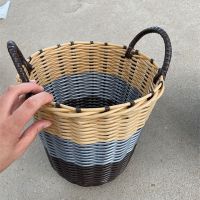 塑料仿藤编脏衣篮家用衣服收纳筐手提蓝玩具零食篓浴室洗衣筐|小号粗高22cm棕灰米