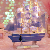 实木质帆船模型 地中海海盗船轮船 手工制作工艺船品礼品帆船摆件|24厘米蓝+带灯
