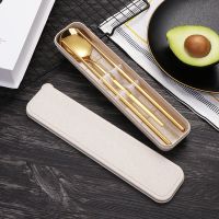 北欧ins便携不锈钢餐具套装勺子筷子叉子学生办共旅行三件套装|北欧ins土豪金 勺子+筷子+盒子