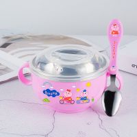 儿童碗防摔婴儿吃饭碗宝宝餐具婴儿辅食碗卡通不锈钢带盖子防烫碗|圆形双耳碗 粉色带盖+不锈钢(叉子+勺子)