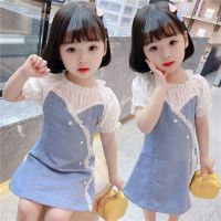 女童假两件连衣裙2021新款女宝宝夏装牛仔裙子韩版短袖碎花公主裙