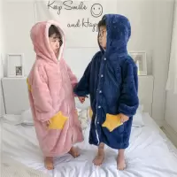 秋冬季儿童家居服加长加厚法兰绒中大童睡袍长毛绒星星款浴袍睡衣