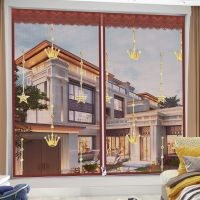 防蚊纱窗自粘型魔术贴窗纱门帘 加密纱网可拆卸家用免打孔可|拉链绣花星冠咖啡+送魔术贴 宽90高150