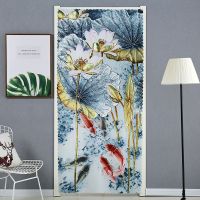 免打孔布艺门帘隔断帘防蚊窗帘四季通用卧室厨房卫生间挂帘魔术贴|荷花韵 宽85*高90cm(魔术贴安装)