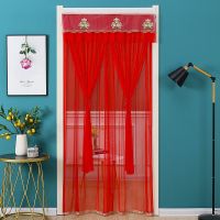 伸缩杆防蚊沙帘家用卧室厨房隔断帘自粘门帘魔术贴免打孔门帘布艺|三朵花红双层沙 90宽200高【送魔术贴加伸缩杆】