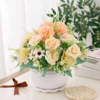 假花艺装饰绢花干花套装摆设摆设仿真花束假花套装 客厅饰品摆件|荷花盆角玫组合香槟