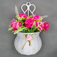 挂墙上装饰假花套装美容院饭店玫瑰仿真花挂件卧室客厅墙布置花束|粉色水草玫瑰+挂篮