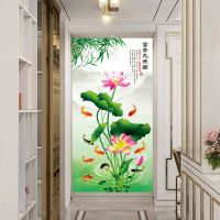 中式自粘画楼梯走廊过道装饰画玻璃贴画房门衣柜贴画防水竖款壁画|S001款 加大号:宽90cmX高180cm