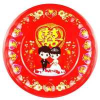 结婚用品敬茶盘 糖果盘 红托盘新娘嫁妆大红喜庆铁质敬茶盘圆方盘|小百合铁盘单个25厘米[较小]