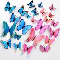 3d立体仿真蝴蝶墙贴客厅墙上装饰品贴温馨卧室墙面贴画创意冰箱贴|单层蓝色加粉色(24只磁铁送胶)