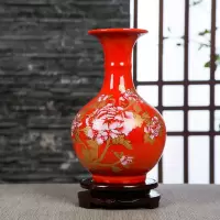 景德镇陶瓷器红色小花瓶摆件客厅插花器小瓷瓶结婚装饰品家居摆设|赏瓶(红色)PVC底座