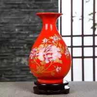 景德镇陶瓷器红色小花瓶摆件客厅插花器小瓷瓶结婚装饰品家居摆设|玉壶春(红色)PVC底座