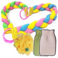 拉背条长条麻花辫洗澡巾浴巾搓背沐浴球浴花浴室用品套件|1个搓澡手套+1个浴花