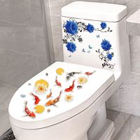 马桶贴画坐便器马桶盖贴纸装饰品创意个性浴室厕所防水卫生间自粘|1.蓝色妖姬+年年有鱼