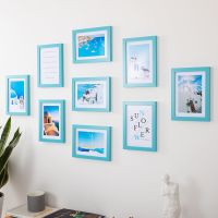 洗照片简约现代9框组合照片墙相片墙客厅装饰免打孔卧室相框挂墙|天蓝色照片墙 5寸-9个挂墙相框