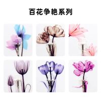 无痕挂钩贴彩色墙上门后卫生间厨房收纳置物架子免打孔自粘钩|大图案-水墨荷花 5个装