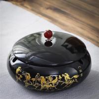 陶瓷带盖烟灰缸创意个性时尚防飞灰大号客厅家用办公室欧式潮|黑釉八骏图烟灰缸-带瓷盖