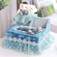 布艺多功能抽纸盒欧式桌面收纳盒家用客厅简约遥控器收纳纸抽盒|颜丽熊中号蓝色两格