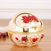 家用烟灰缸防风带盖灭烟器创意个性耐摔欧式客厅茶几大号烟缸|金白红玫瑰[大号]