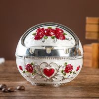 家用烟灰缸防风带盖灭烟器创意个性耐摔欧式客厅茶几大号烟缸|银白红玫瑰[大号]