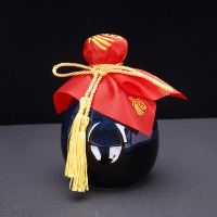 白酒瓶空酒瓶一斤陶瓷酒瓶子米酒密封罐1斤2斤3斤装带盖|黑底蓝釉手抓瓶1斤配红布黄苏