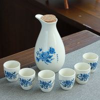 9件套仿古分酒壶醒酒具陶瓷酒杯套装白酒杯小酒壶家用烈酒杯清酒.|牡丹/一壶6杯送木塞
