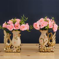 天鹅摆件陶瓷花瓶插花仿真花假花客厅电视柜小摆件房间装饰品摆设|小天鹅花瓶一对带4束玫红玫瑰